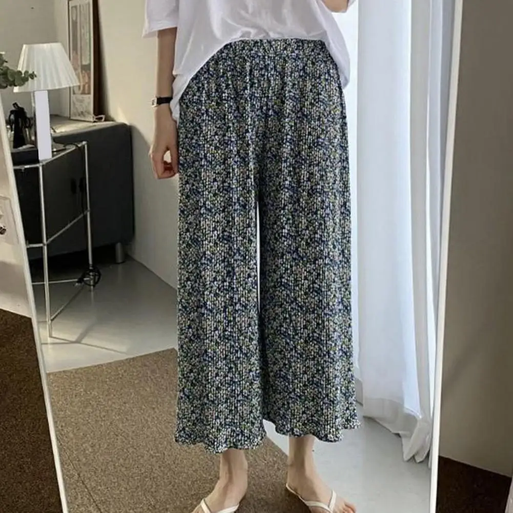 Women Workwear Trousers Floral Printed Wide Leg Trousers for Women Elastic High Waist Lounge Pants with Draped Pleats Commuting