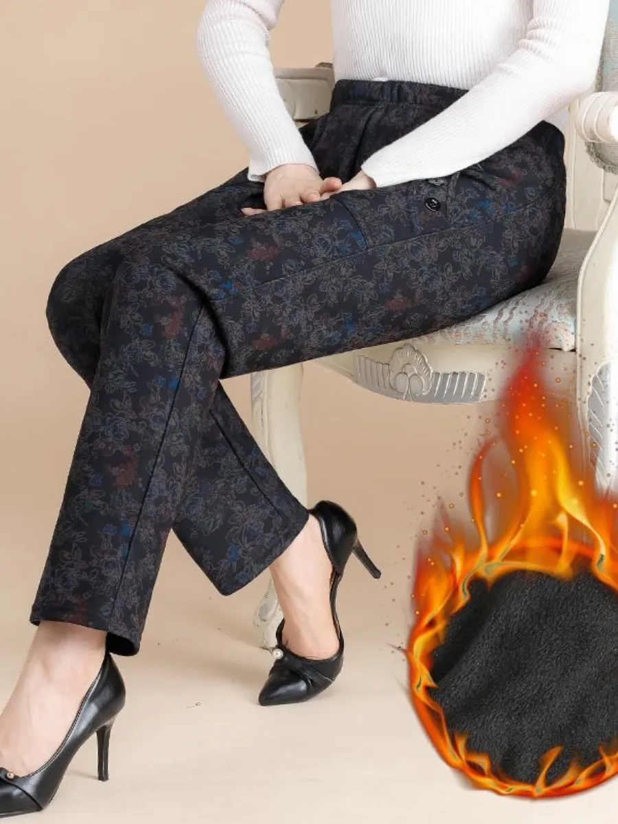 

Fleece Lined Pants for Elderly Women Mom Winter Outerwear Integrated Fleece Cotton Clothing Accessory Lapel Pin