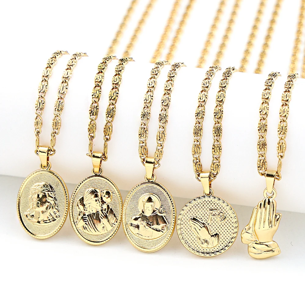 Catholicism Prayer Hand Pendant Necklace for Women Men Stainless Steel Gold Color Religion Amulet Chain Jewelry Colar Masculino