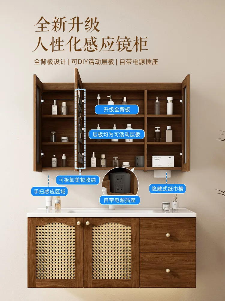 

Тумба для ванной в средневековом стиле с керамической интегрированной раковиной, комбинация тумбы и раковины из ротанга в ретро-стиле