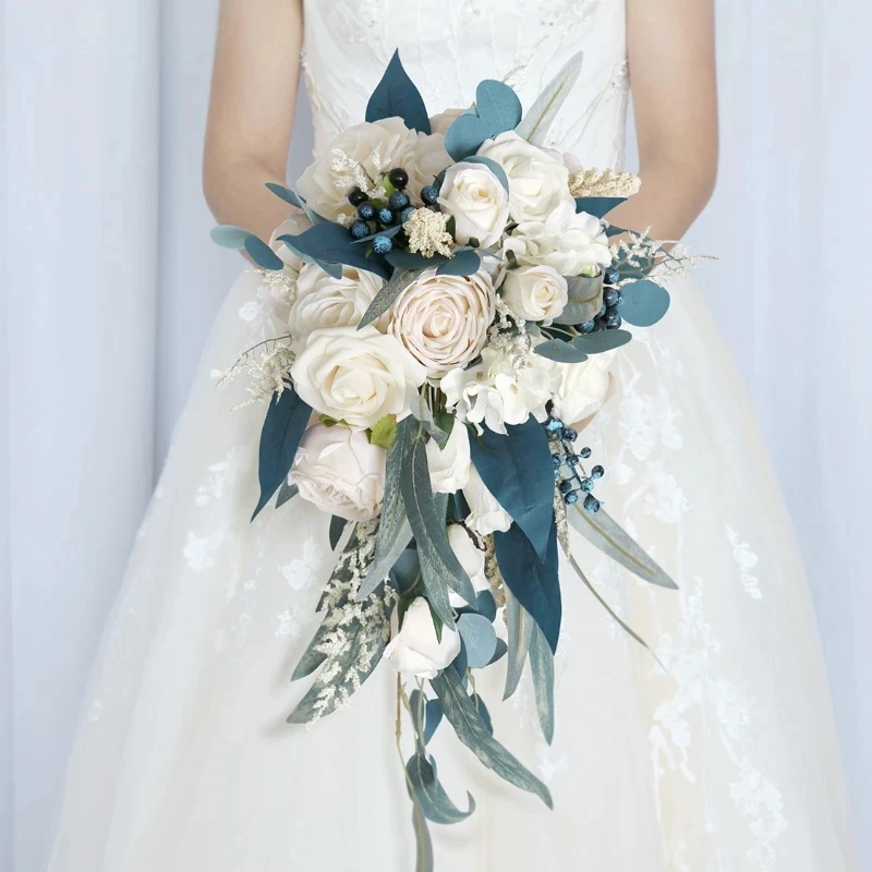 

European Wedding Water Drop Style Bridal Bouquet Artificial White Purple Flower Lavender Waterfalls Holding Flowers