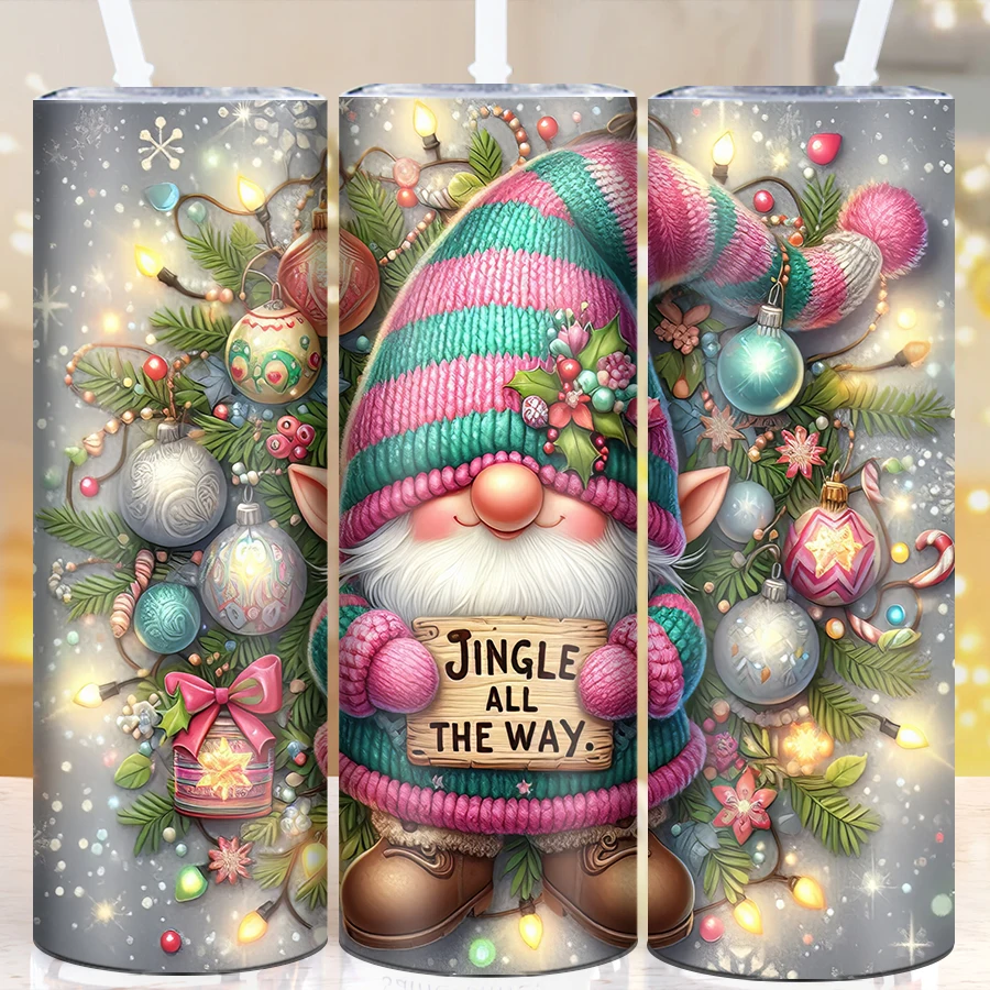 20oz Stainless Christmas Straight Tumblers Straw Lid 1Pc 3D Print Gnome Xmas Ball Party Coffee Cups Outdoor Insulated Travel Mug