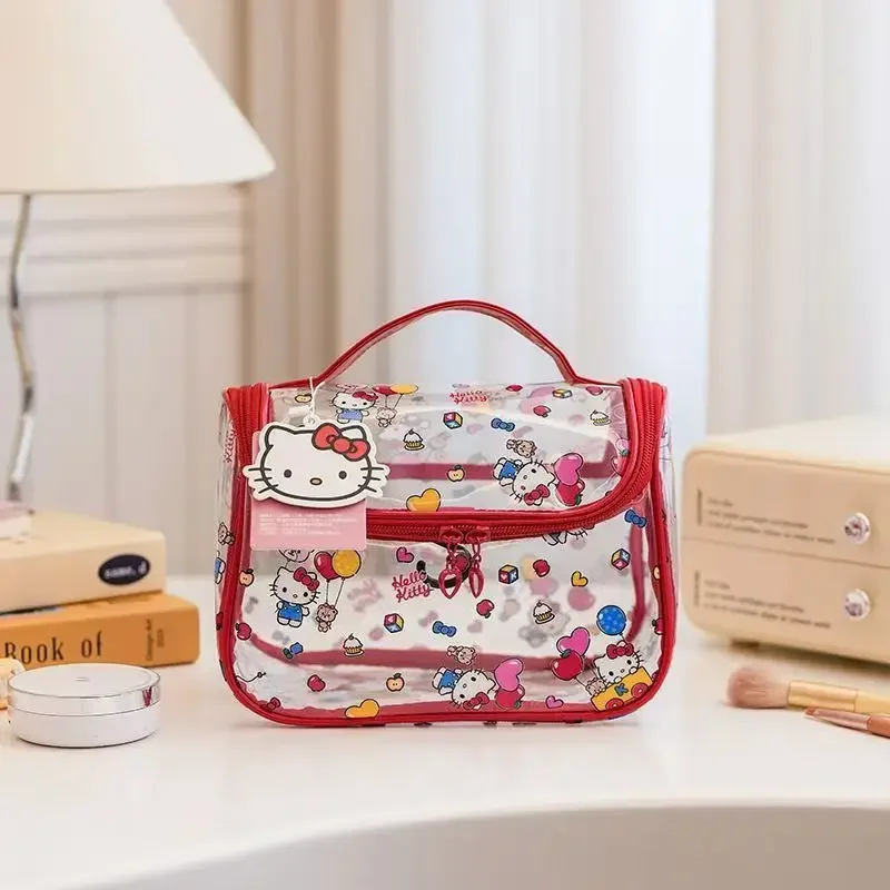 Cute Cartoon Transparent Hello Kitty Makeup Bag, Large Capacity, Portable Storage for Girls, Travel Handbag
