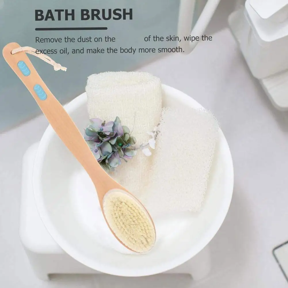 Escova de chuveiro de bambu com cerdas macias e rígidas, escova longa seca para banho ou esfoliante corporal, cabo, purificador traseiro dupla face, a4h6