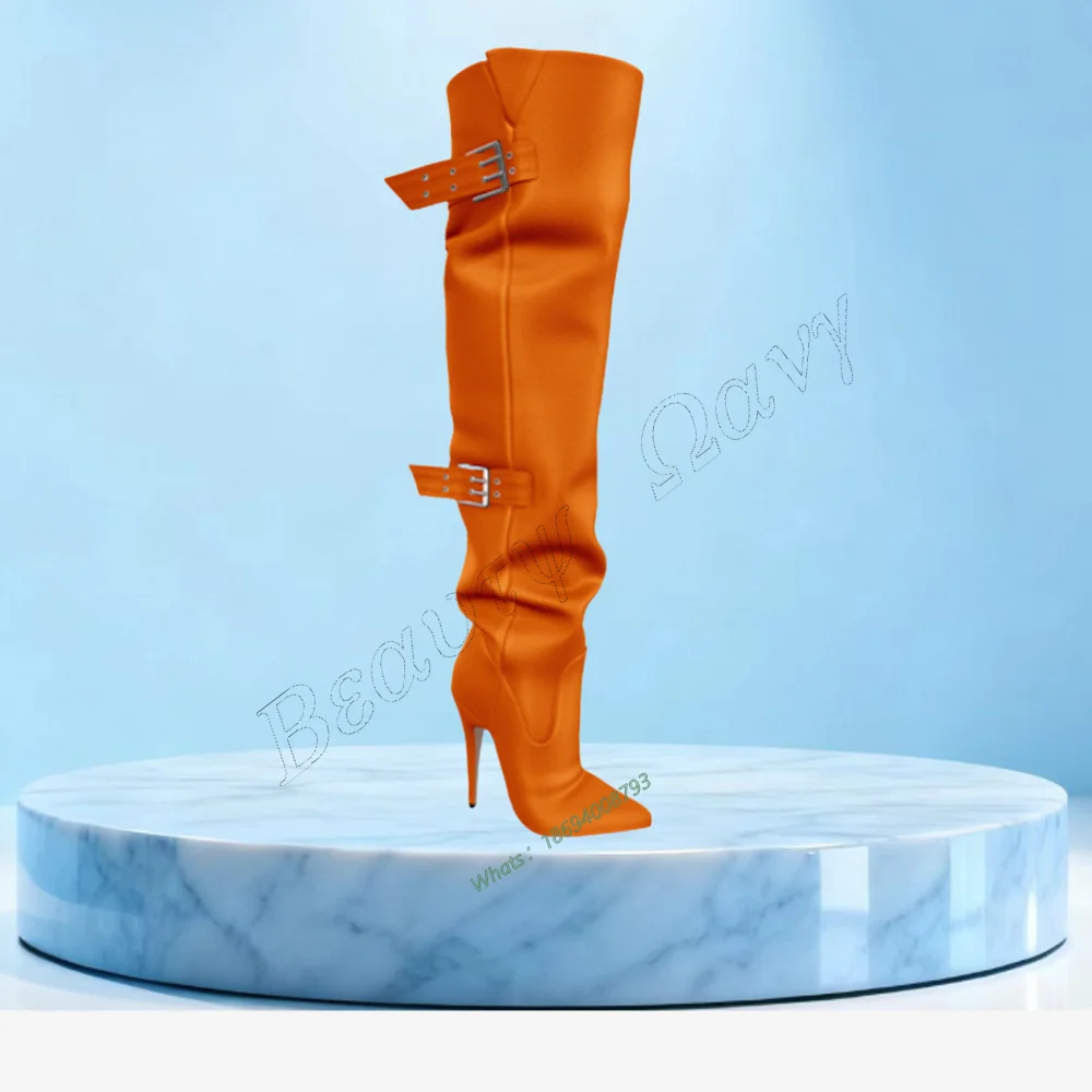 

Orange Side Buckle Pleated Boots Solid Side Belt Thigh High Spike High Heel Shoes Sexy Women Shoes New Zapatos Para Mujere