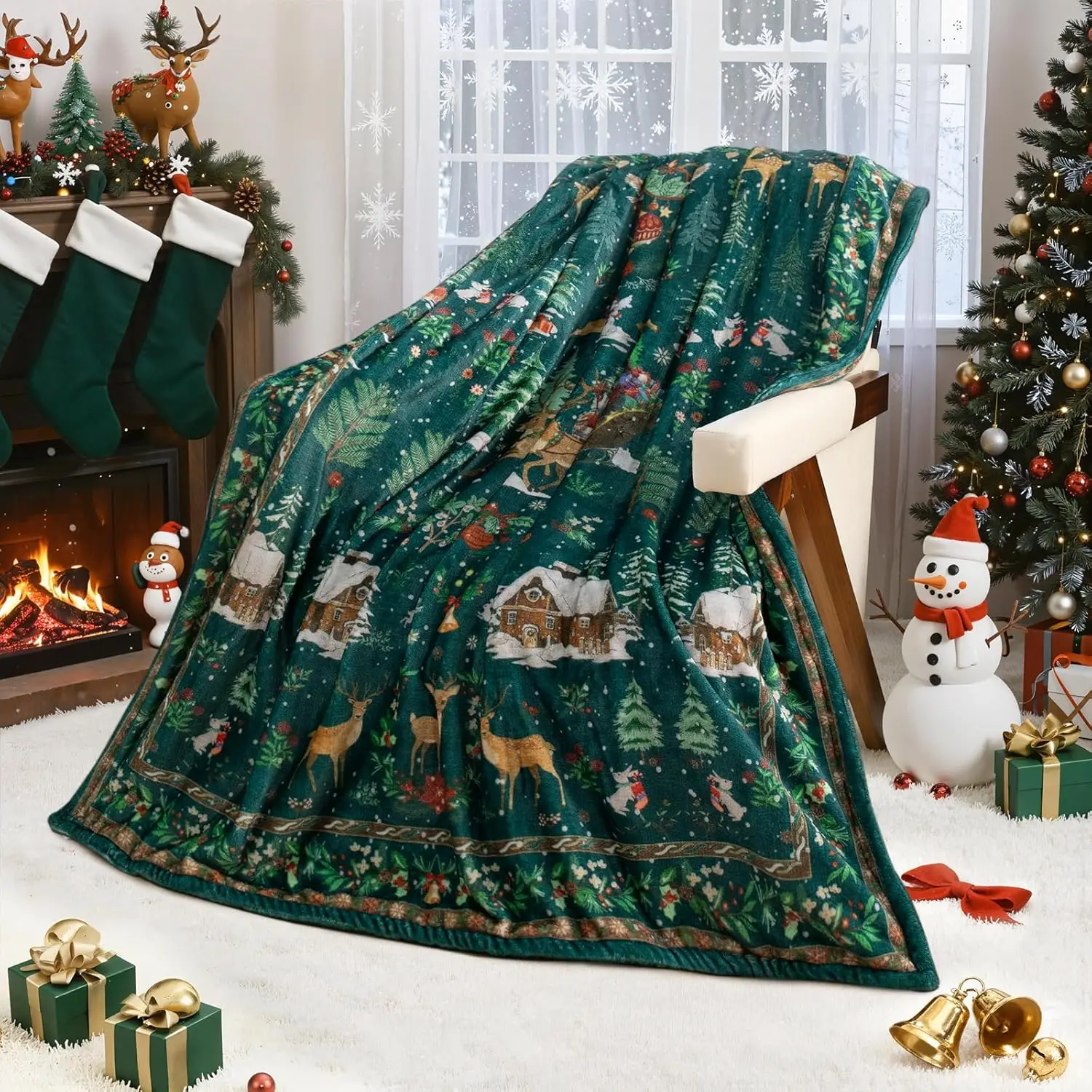 Christmas Santa Reindeer Snow Scene Throw Blanket Holiday Design for Living Room Decor Gift for Her FestiveStyle