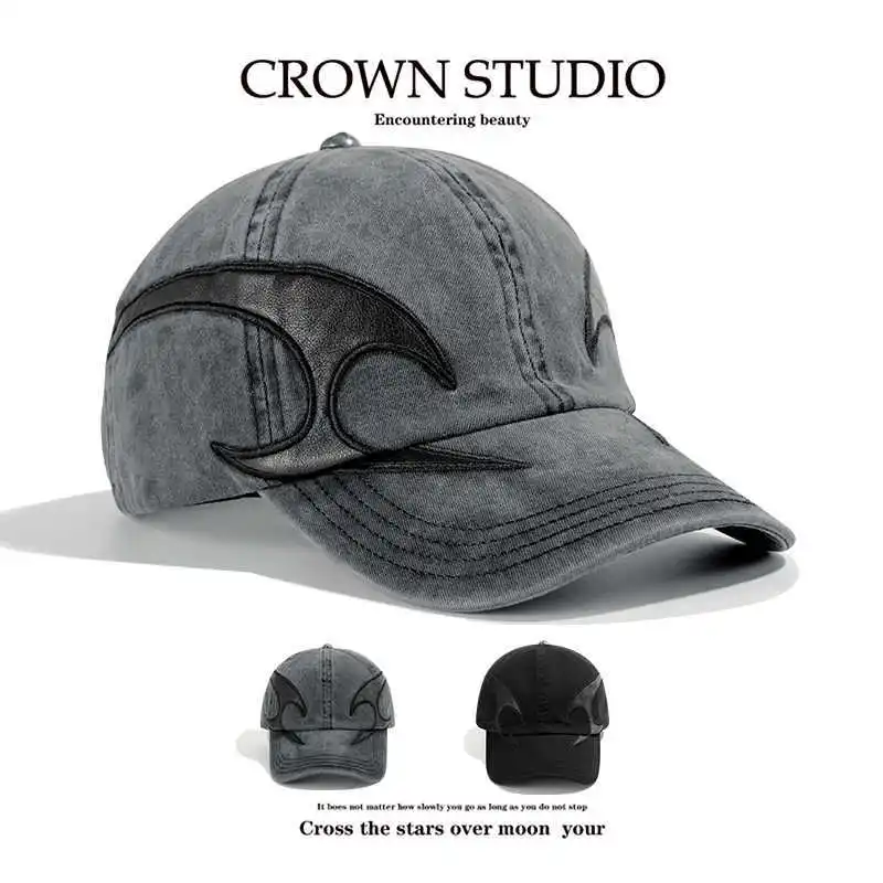 Korean niche design dark flame washed distressed denim baseball cap, trendy brand couple street style embroidered duckbill cap
