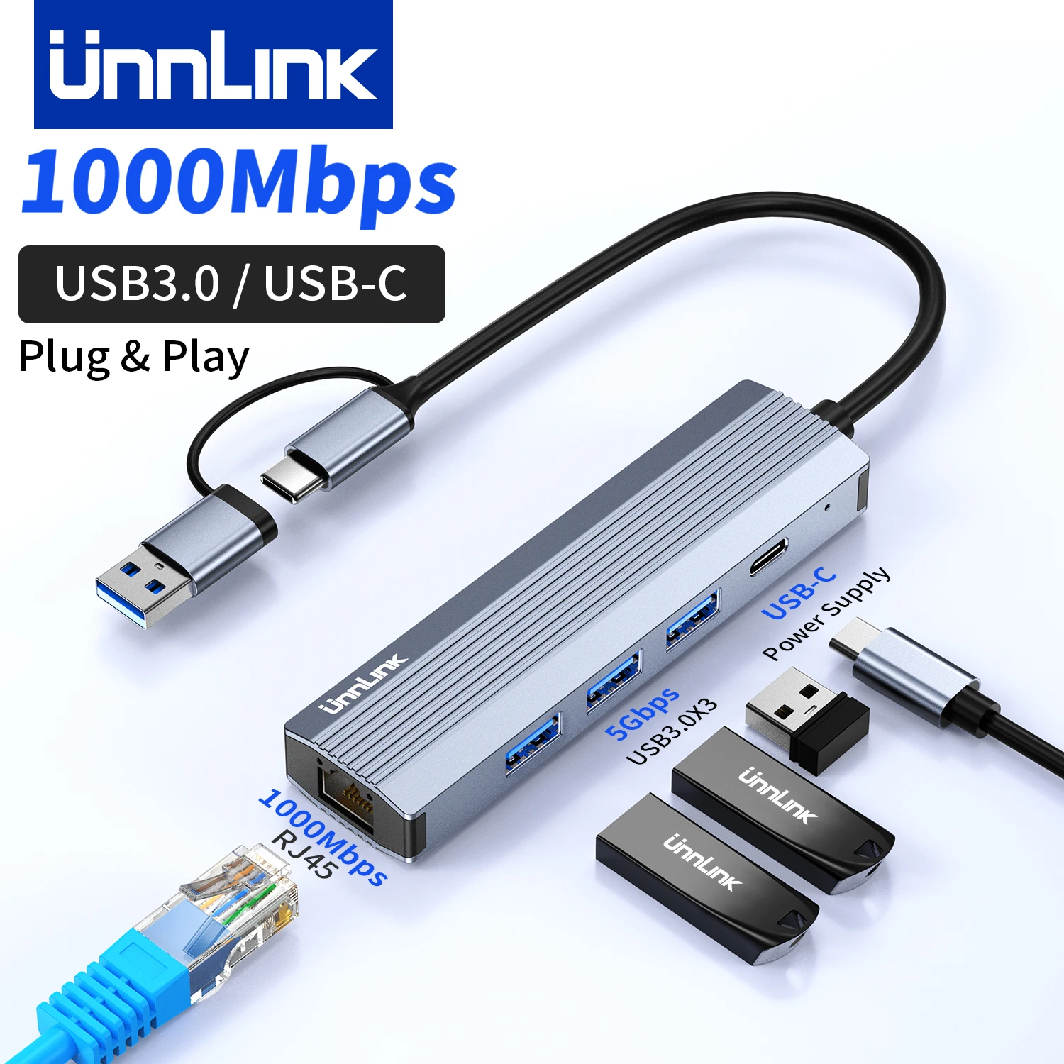 

Адаптер Unnlink USB и USB-C для подключения к сети Ethernet, 1000 Мбит/с, USB 3.0, концентратор RJ45 LAN для Mi Box, ноутбуков, ПК, коммутаторов, сетевая карта Type-C