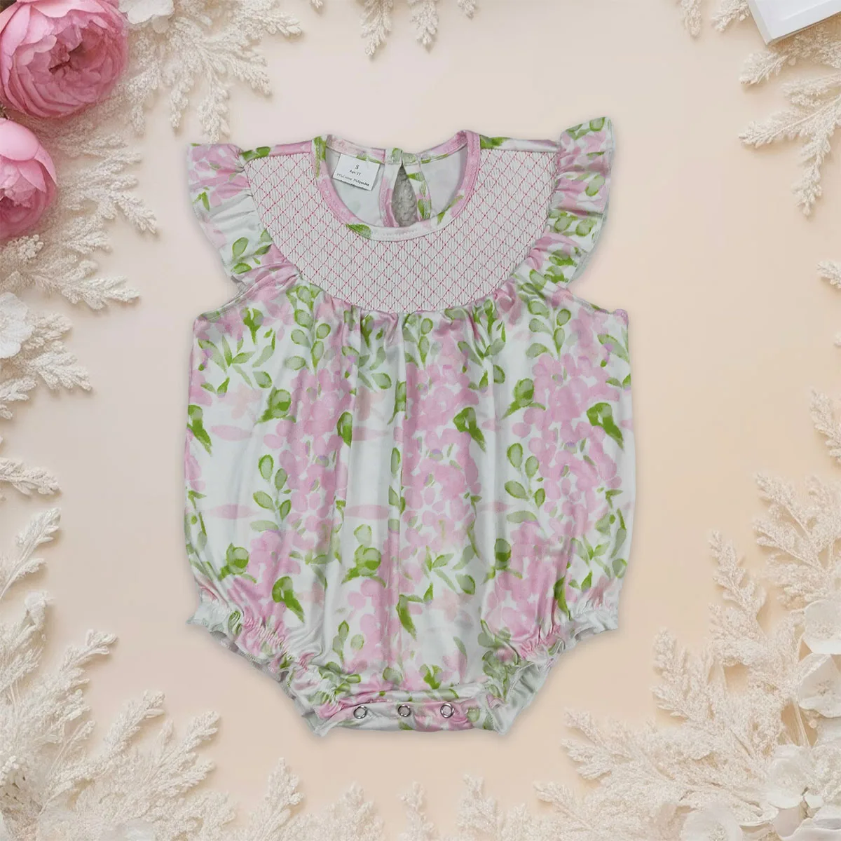 

Newborn Baby Girl Flutter Sleeve Pink Floral Smocked Ruffle Rompers Clothes Kids Bubbles Kids Children Clothing Wholesale