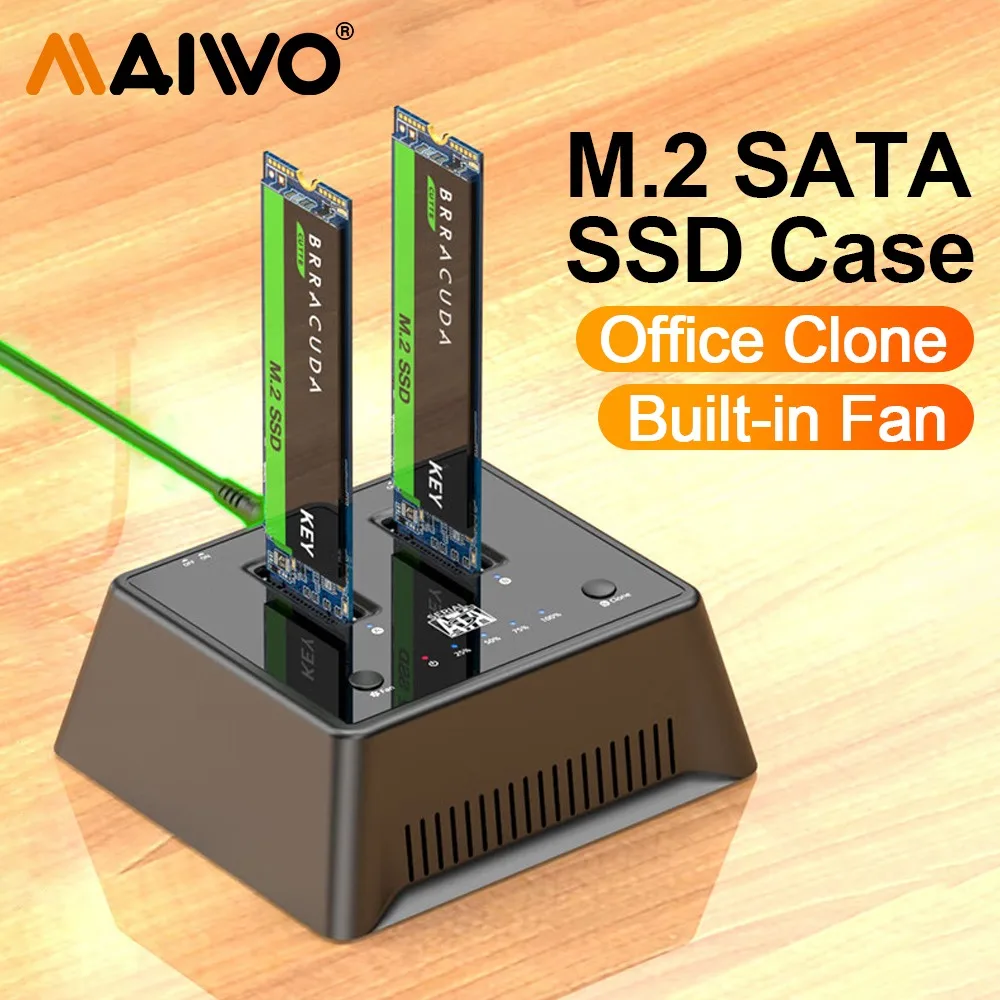 

MAIWO Dual Bay M.2 NGFF SSD Enclosure Offline Clone USB C For M Key M/B Key STAT PCIe SSD Type-C Hard Drive Reader With Fan