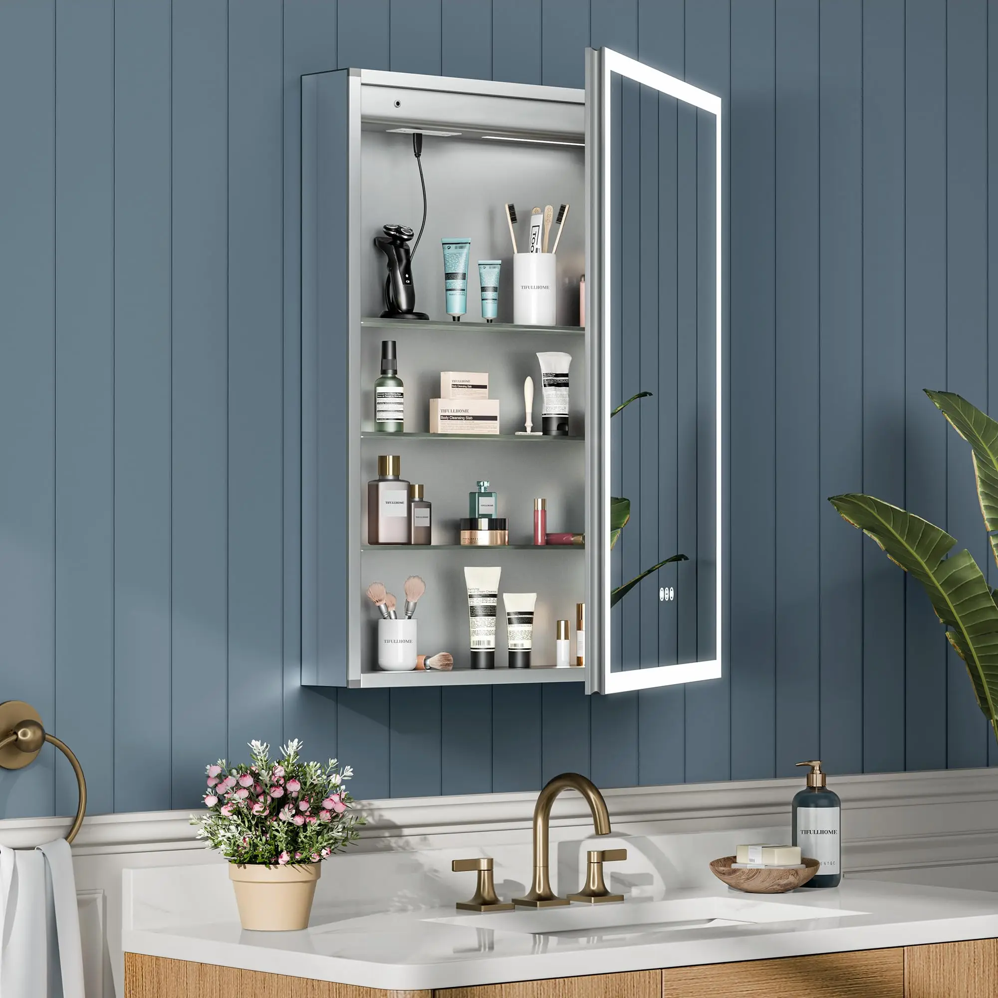 24x32 Inch Medicine Cabinet with Lights, AL Alloy Frame, Plug-in or Hardwired, Recessed or Wall Mount, 3