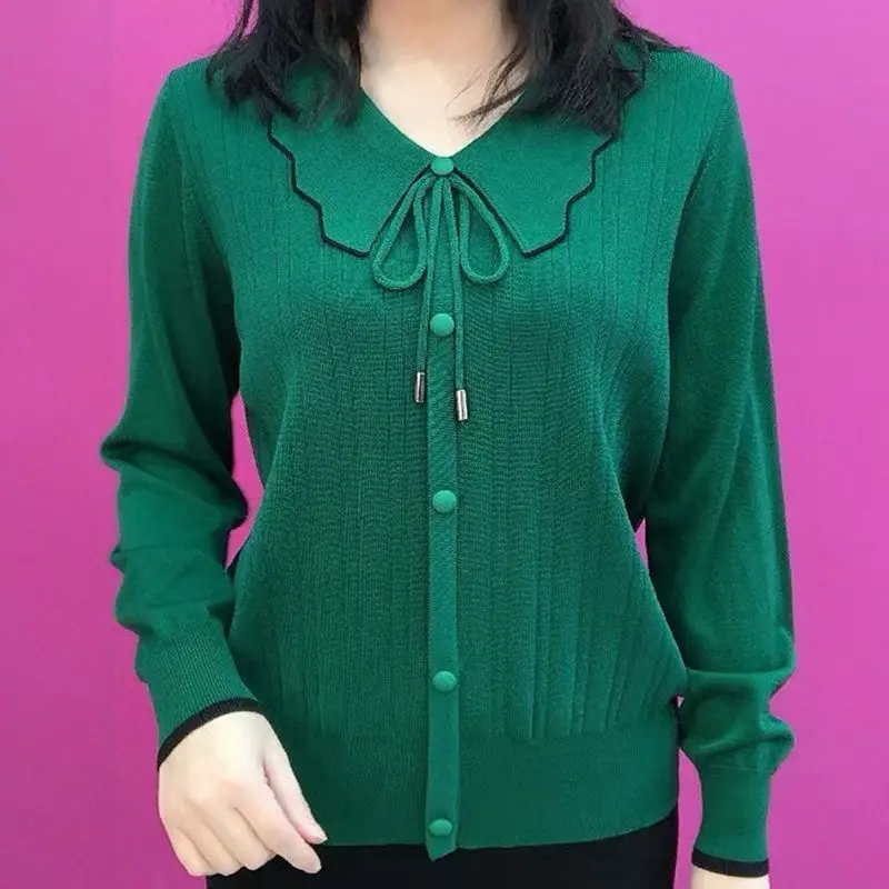 

Middle Aged Women Clothing Autumn Stylish Lace-up Contrast Color Knitted Sweater Ladies Elegant Long Sleeve Loose Pullover Tops