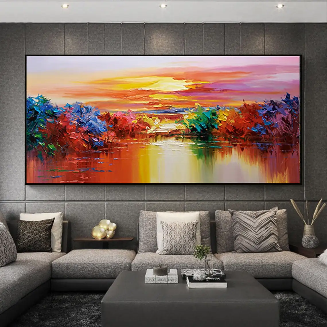 Modern Hand Painted Oil Painting Landscape Wall Art Large Scale Contemporary Art Abstract Tree Lake Painting Wall Decor Home Art