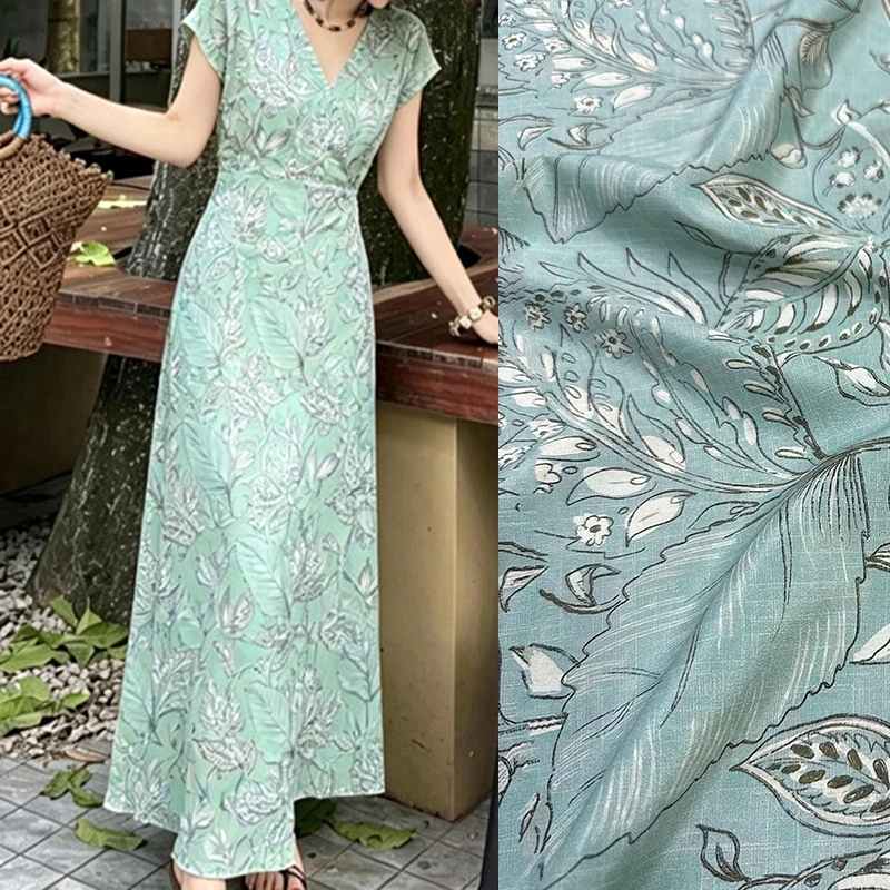 Floarl Printed Stretch Lake Blue Silk Crepe de Chine Fabric for DIY Sewing Summer Dress Skirt Pajamas Soft Silk Fabric FR6987