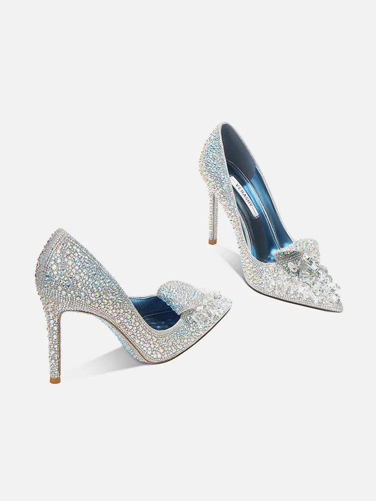 

Spring new pointed shallow silver sequin rhinestone wedding shoes thin high-heeled banquet dress small size fashion women's shoe