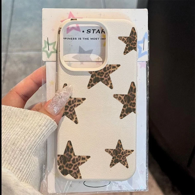 Leopard Print Stars Lychee Texture Phone Case For iPhone 11 12 13 14 15 16 17 18 Pro Max 17 Air 15 Plus X XS XR 16E Soft Cover