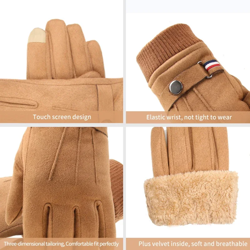 New Men\'s Winter Windproof Gloves Suede Warm Split Finger Gloves Outdoor Sport Driving Buckle Design Male Touch Screen Mittens