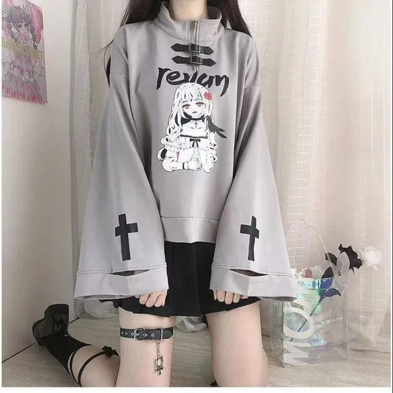 2025 Japanese and Korean Street Fashion Cartoon Printed Flared Sleeve Top Long Sleeve Women Y2k Cute Cross Embroidered T-shirt