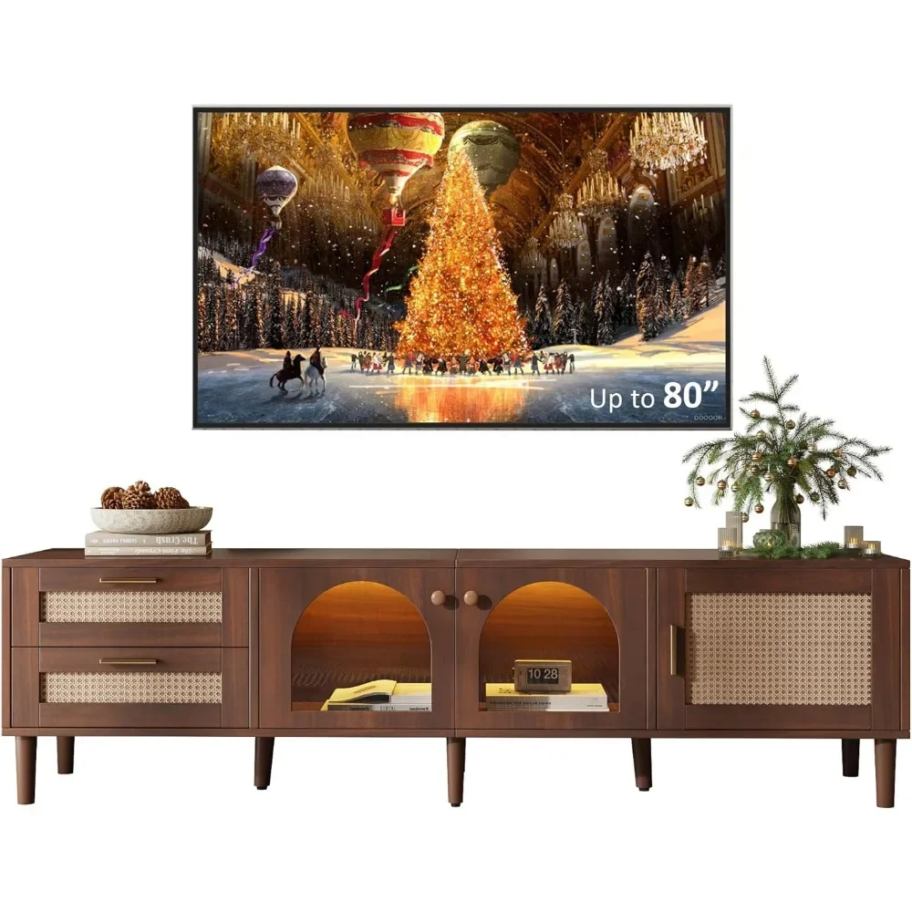 Merax Rattan TV Stand: 70 Entertainment Center with LED Lights, 3 Cabinets & 2 Drawers for TVs up to 80