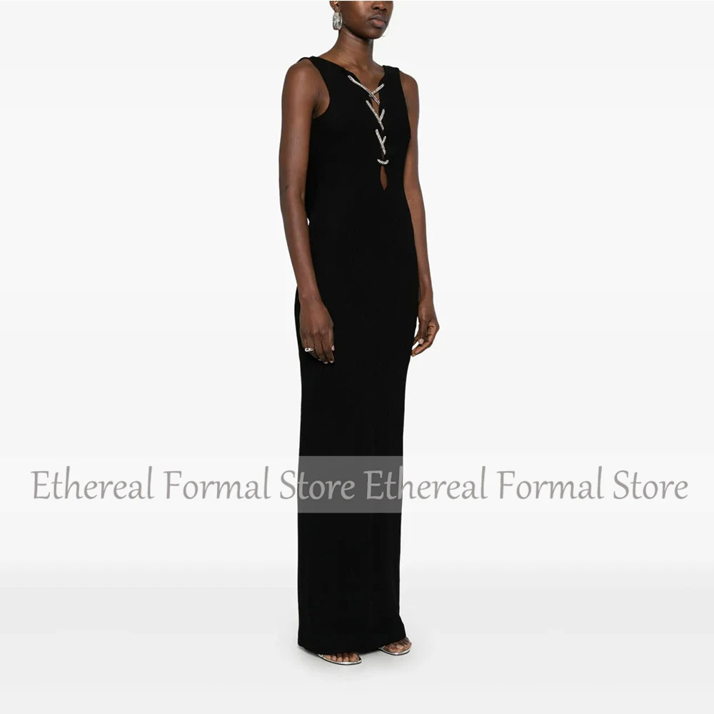 Black Women's Evening Gown Sheath Saudi Dress V Neck Formal Party Dress Floor Length Backless Sleeveless Prom Dress image 3