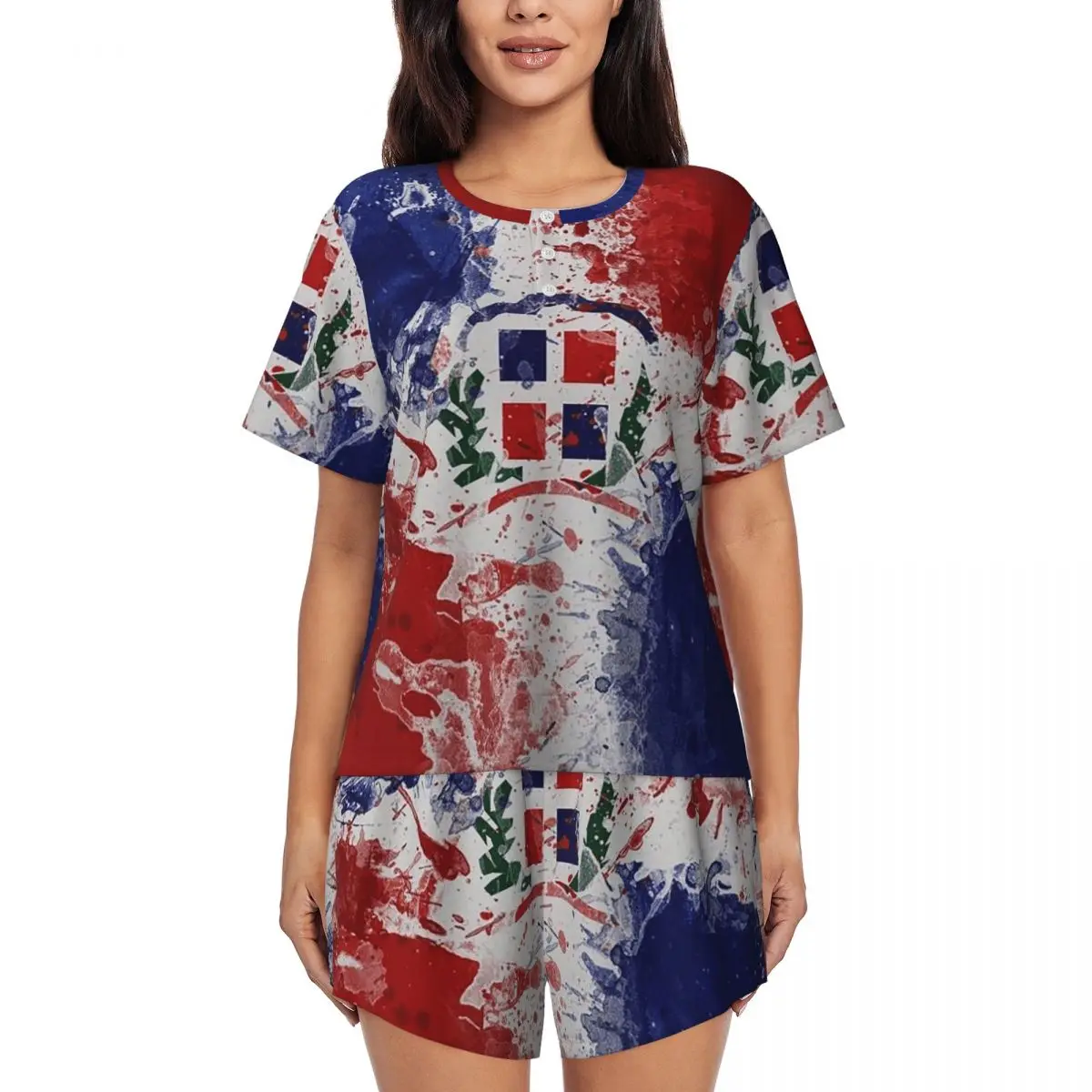 

Dominican Republic Flag Round Neck Short Sleeve Nightgowns for Sleeping Sleepshirts Women Soft Pajama Set Short Pants