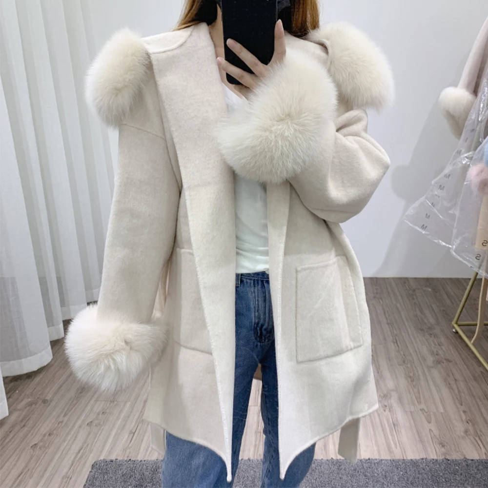 

Furshehe Autumn Winter Women Wool Cashmere Blends Coat Natural Fox Fur Collar Cuffs Belt Woolen Jacket Fashion Streetwear