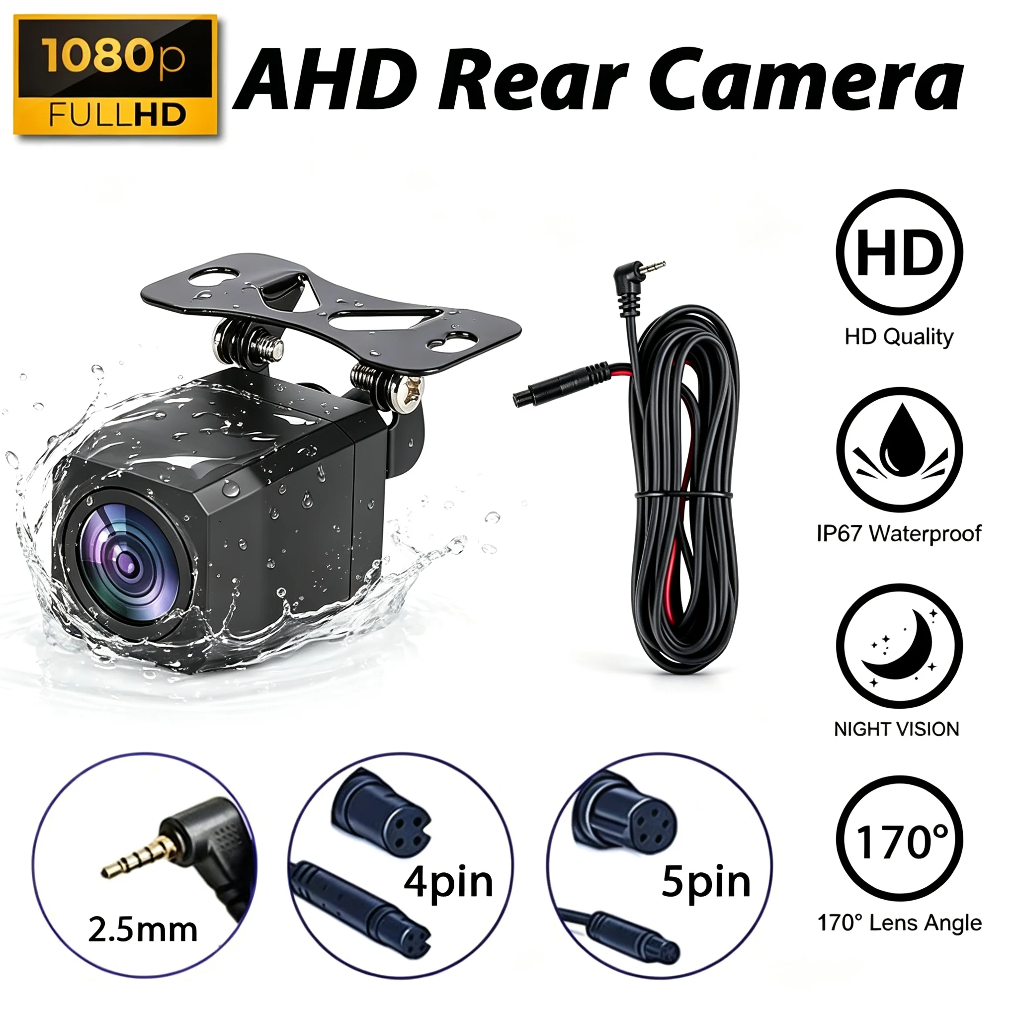AHD Car Rear View Camera 1080P Waterproof with 4 Pin / 5Pin for Car Mirror Dashcam Car DVR 2.5mm Jack Rear Camera