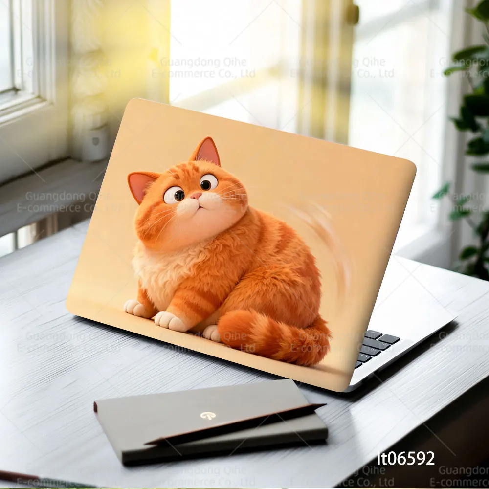 2PCS Cute Orange Fat Cat Laptop Skin Sticker, DIY Cuttable Protective Decal Cover for Macbook HP Dell Lenovo 11-17 inch