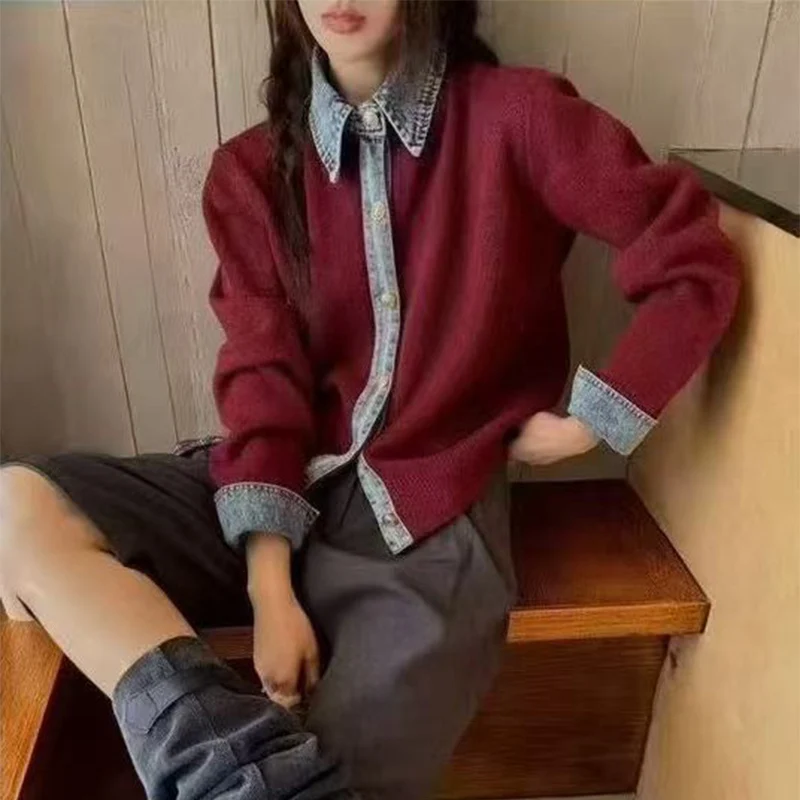 뉴 빈티지 데님 패치워크 라펠 스웨터 재킷 여성용 한국 스타일 루즈 니트 가디건 봄 가을 니트 스웨터 코트