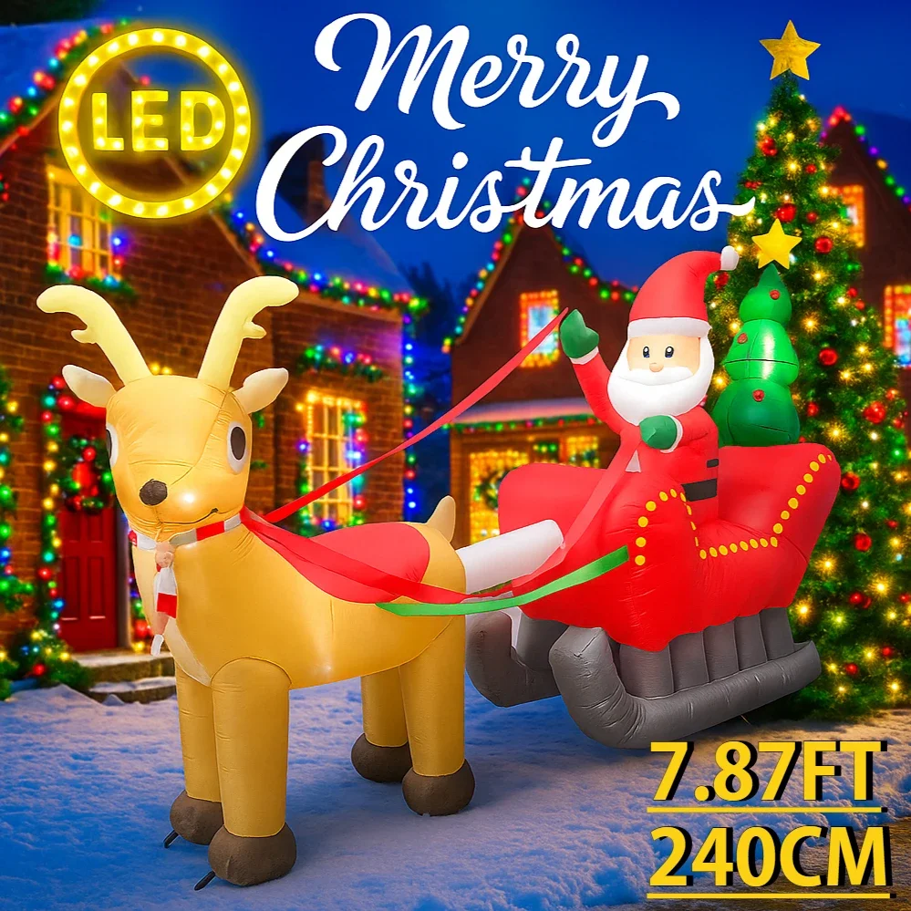 7.87FT Holiday Lighting With LED Lights Giant Christmas Inflatable Santa Sleigh Reindeer Xmas Yard Supplies Home Party Ornaments