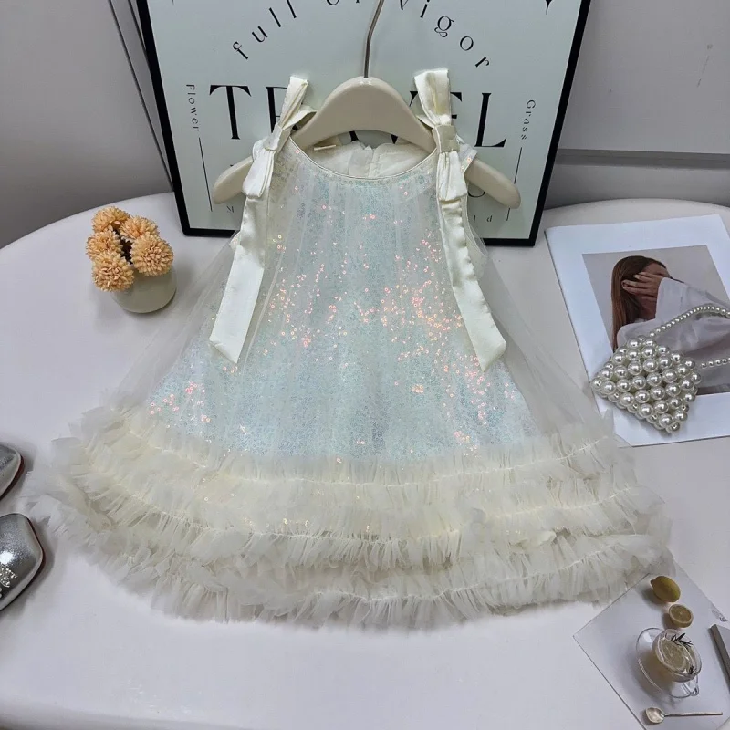 

Girls' Dress2025Summer New Bowknot Mesh Vest Dress Cute Puffy Princess Dress Wholesale