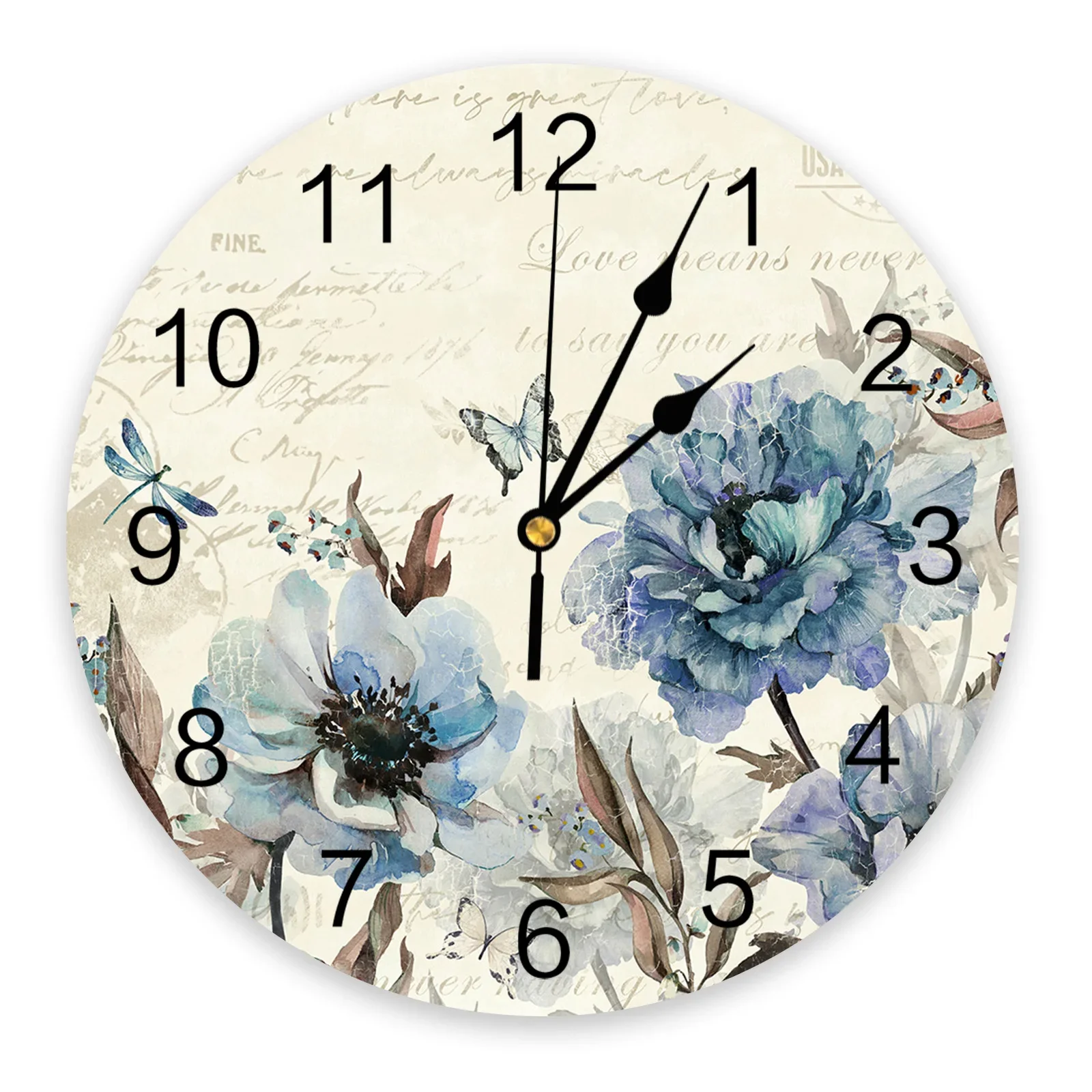 Vintage Flowers Butterflies Peonies Wall Clock Large Modern Kitchen Dinning Round Wall Clocks Bedroom Silent Hanging Watch