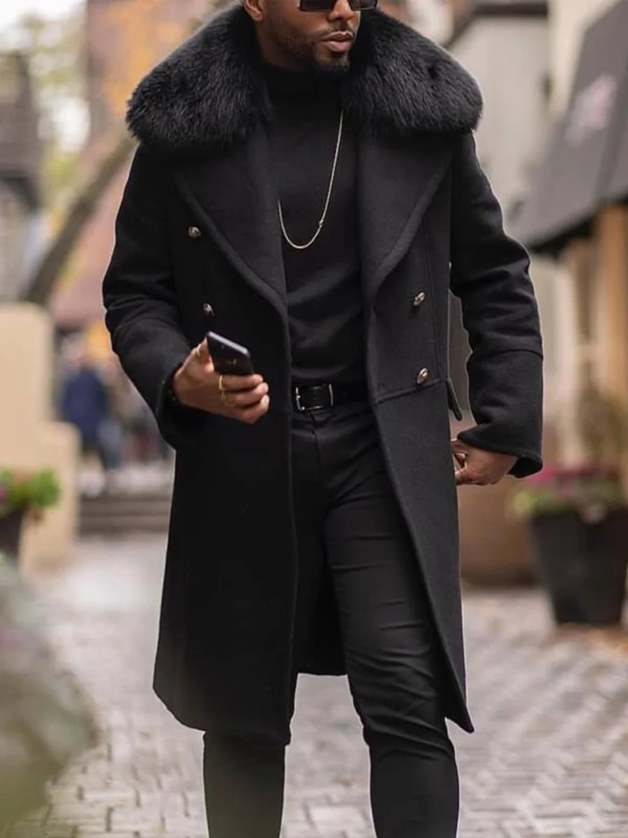 معطف صوف طويل للرجال بصف مزدوج وأزرار طويلة Sve وياقة كبيرة من الفرو قابلة للتنشيط في الربيع الحضري بتصميم كاجوال بحاشية مستقيمة #2