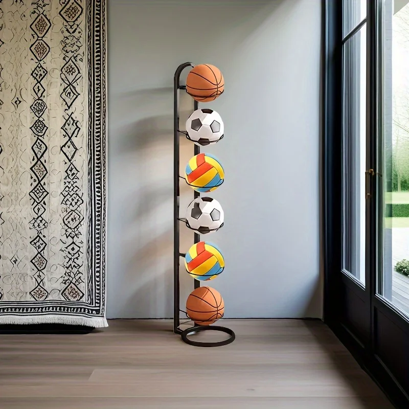 Black Metal Sports Ball Storage Rack: Multi-functional All-Season Organizer for Basketball/Football/Volleyball, Perfect Holiday