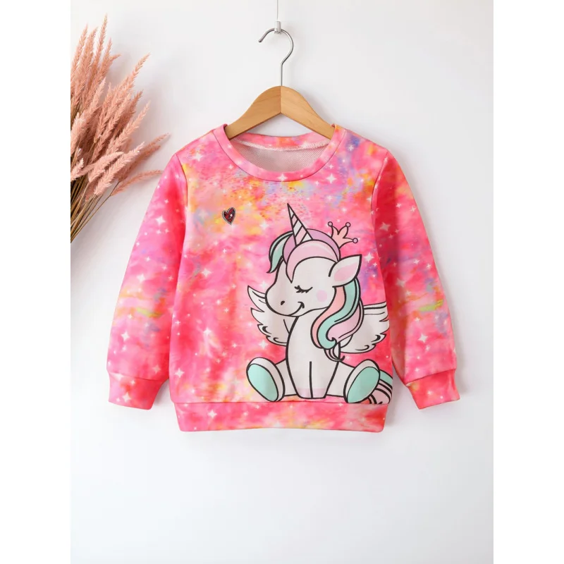 Girls Cute Pink Tie-Dye Unicorn Print Long Sleeve Sweatshirt
