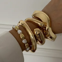Exaggerated Wide Cuff Irregular Geometric Metal Large Bangles Bracelet for Women Men Punk Hip Hop Gold Color Jewelry Pulseras