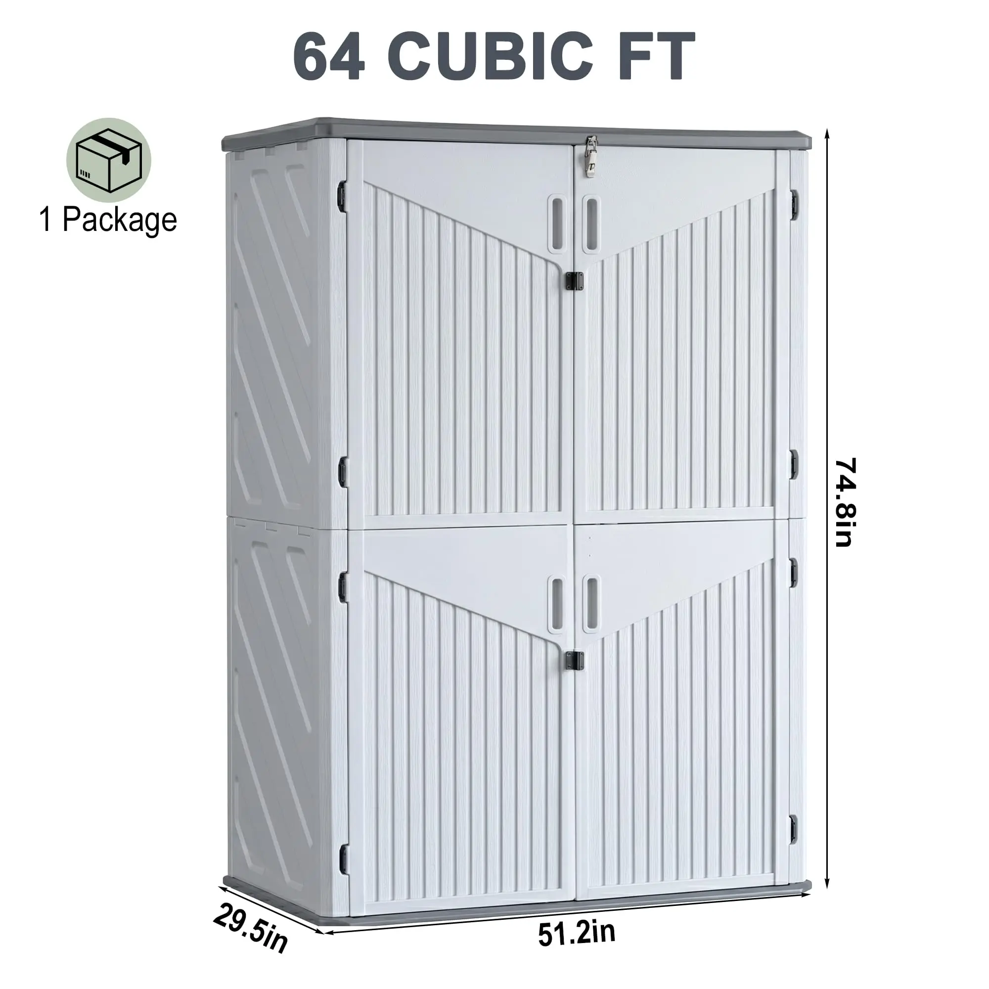 64 Cu.Ft Outdoor Storage Cabinet, Waterproof Resin, Grayish White