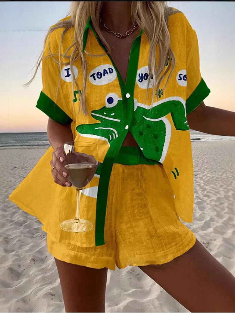 패션 프린트 비치 홀리데이 2 피스 세트 여성 여름 짧은 소매 셔츠 탑 + 넓은 다리 짧은 여성 오버 사이즈 투피스 의상 L9A