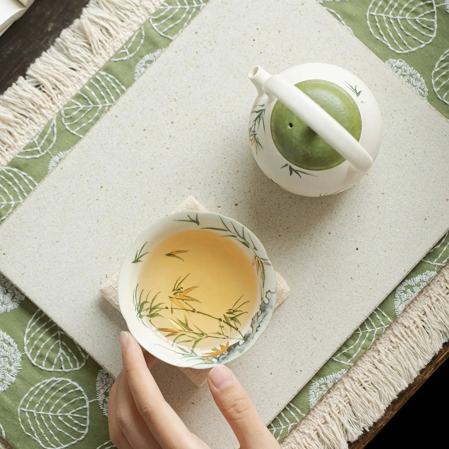 Shoshe Citrus Green Sprinkling Pure Hand Drawing Bamboo High Foot Cup Ceramic Underglaze Color New Chinese Tea Drinking