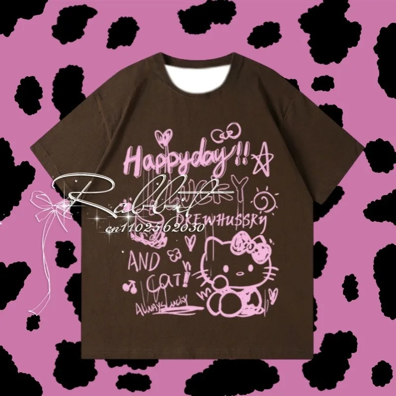 

25/26NewAmerican Retro Harajuku Y2k T-shirt for Women 3D Printed Abi Wind Hello Kitty Loose T-shirt, Casual Fashion Short Sleeve