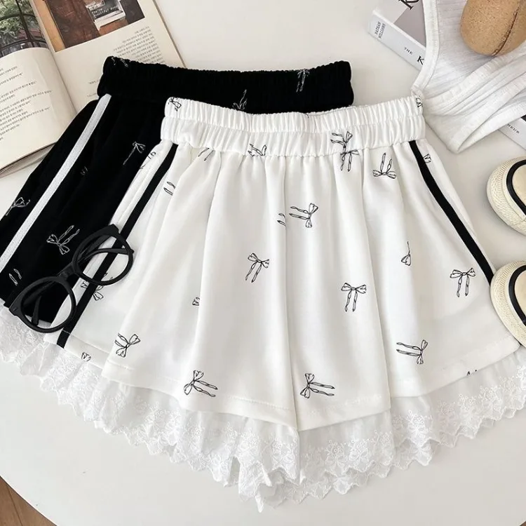 Y2k Lace Patchwork Bow Casual Shorts for Women Summer Elastic Waist Short Pants 2025 New Loose Straight Wide Leg Shorts