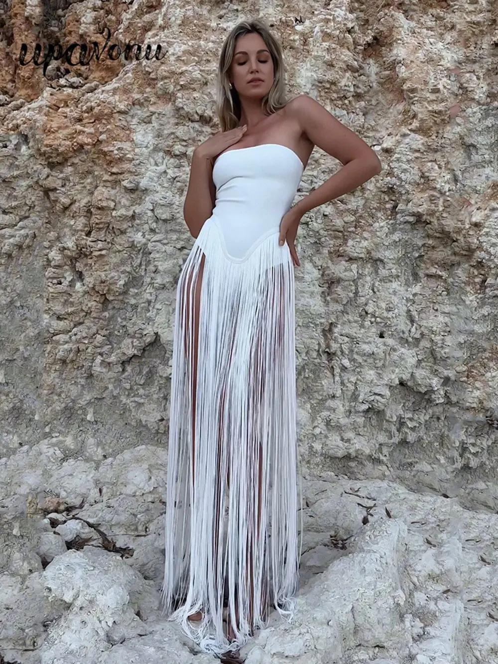 

2024 Sexy Women's Tassel Bandage Dress Strapless Sleeveless Bodycon Off Back White Long Dresses Cocktail Evening Party Vestidos
