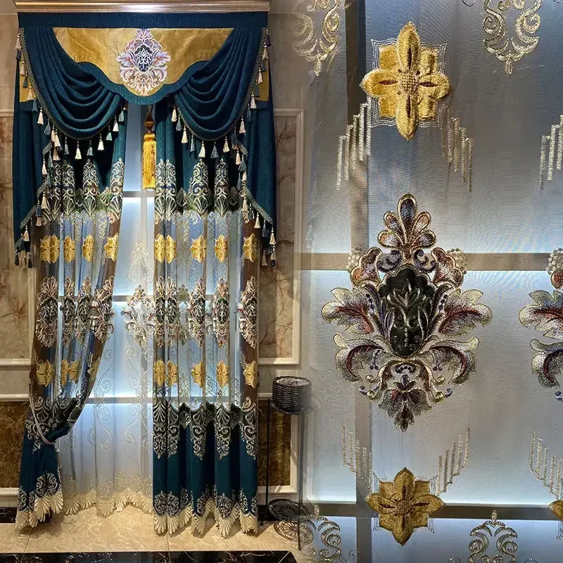 Tende da soggiorno ricamate blu verdi di lusso europee Design in velluto dorato Tende mantovana di alta qualità per la cucina della camera da letto