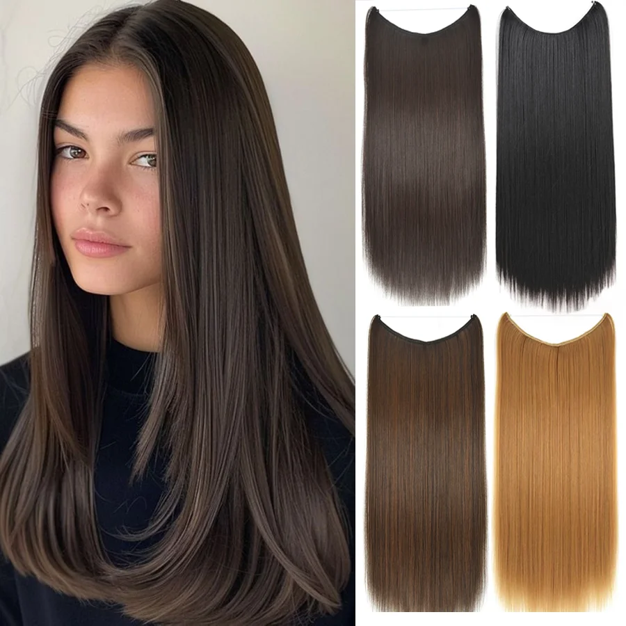 

24 Inch Fish Line Fake Hair Extension Wire Natural Straight Hairpiece Invisible Wire Hair Ideal for DIY Hair Styling for Women