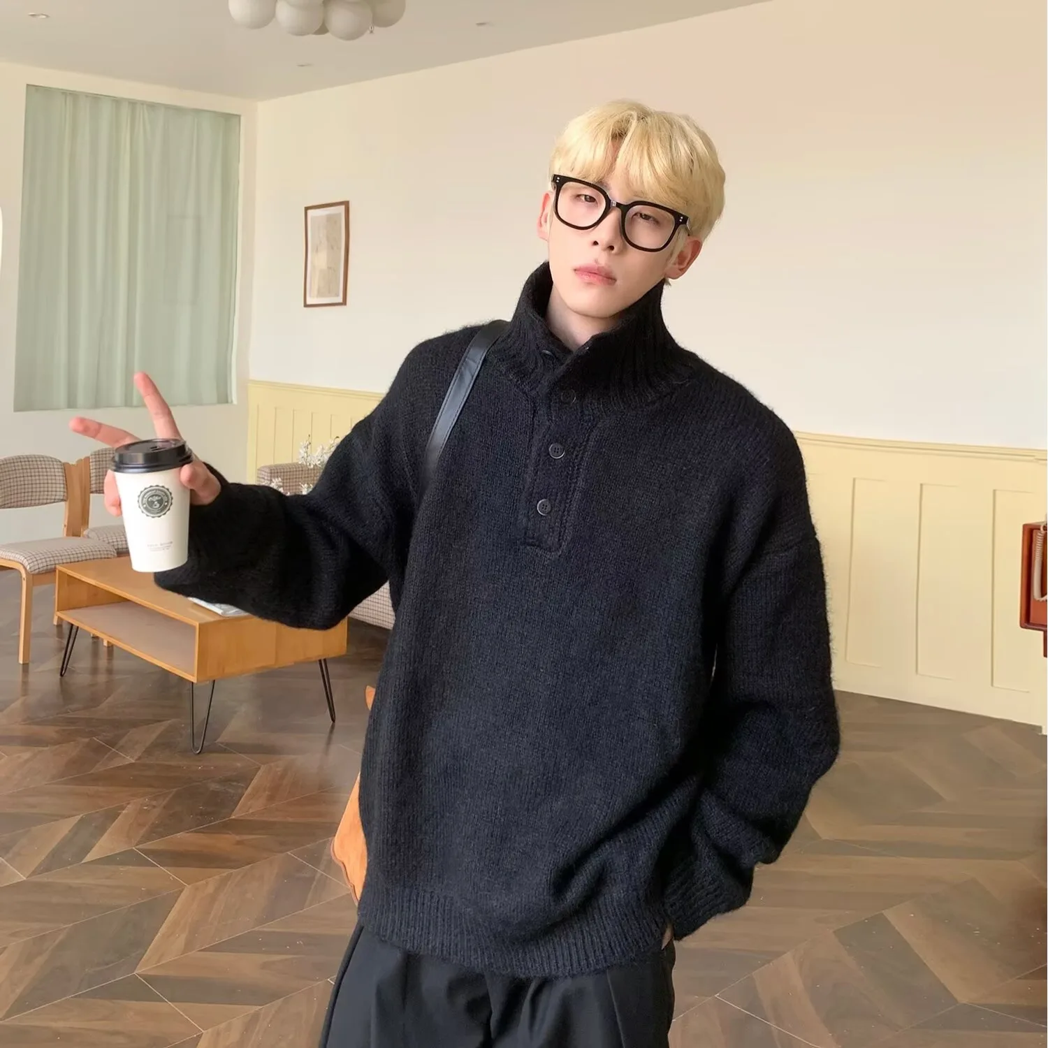 

Американский вязаный свитер, мужской свободный осенне-зимний высокий воротник на пуговицах, удобный, дышащий, модный, молодежный