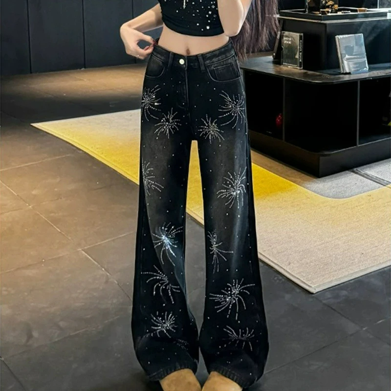 

Black Floral Embossed Diamond Wide-leg Straight-leg Jeans for Women 2026 Autumn Fashion Fleece High-waisted Floor-length Pants