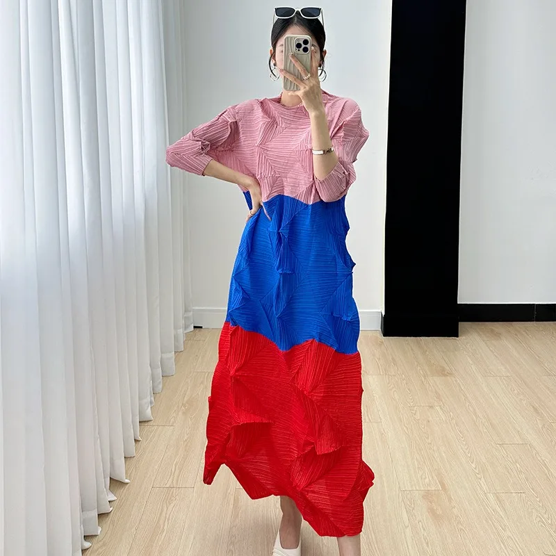 

ALSEY Miyake Pleated Dresses for Women 2024 Autumn New Color Blocking Casual Fashion Temperament Female Formal Occasion Dresses