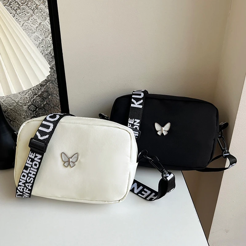 Aesthetic Trendy Ins Style Women Butterfly Nylon Shoulder Bag, Wide Printed Strap Mini Square Crossbody Purse, Lightweight Casua