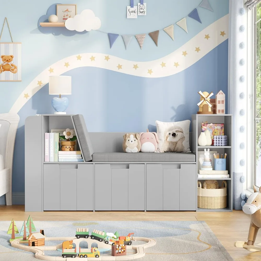 61.5 زاوية قراءة للأطفال مع رف كتب مكون من 3 طبقات، زاوية قراءة للأطفال مع مقعد مزدوج وأدراج دوارة، ورف كتب وشارع ألعاب