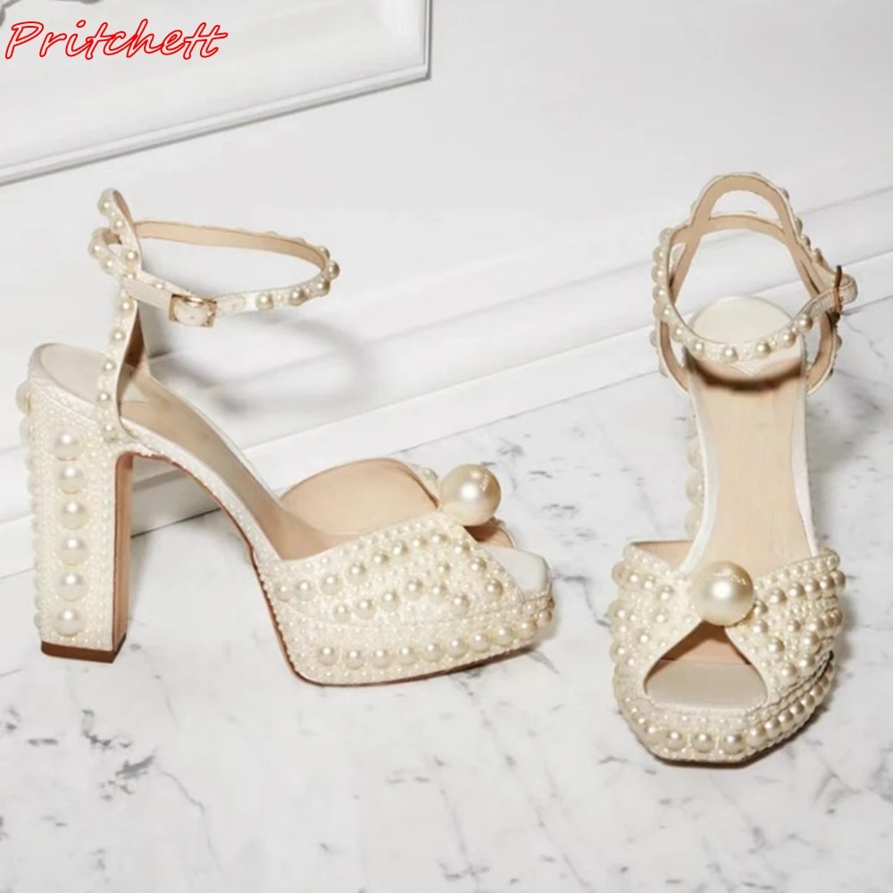 White Full Pearl Women Sandals One Word Belt Metal Buckle Chunky Heels Classic Elegant Party Wedding Summer Fashion Sandals